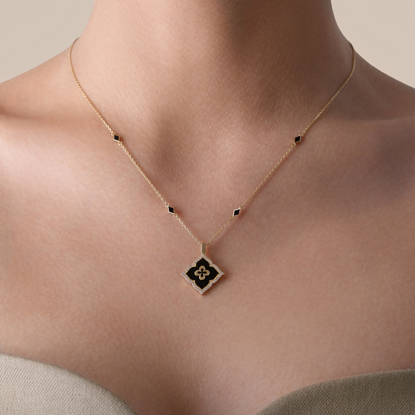 noorelle, enigma fine necklace, jewellery, necklace, gold chain necklace, black and gold necklace, gold chain