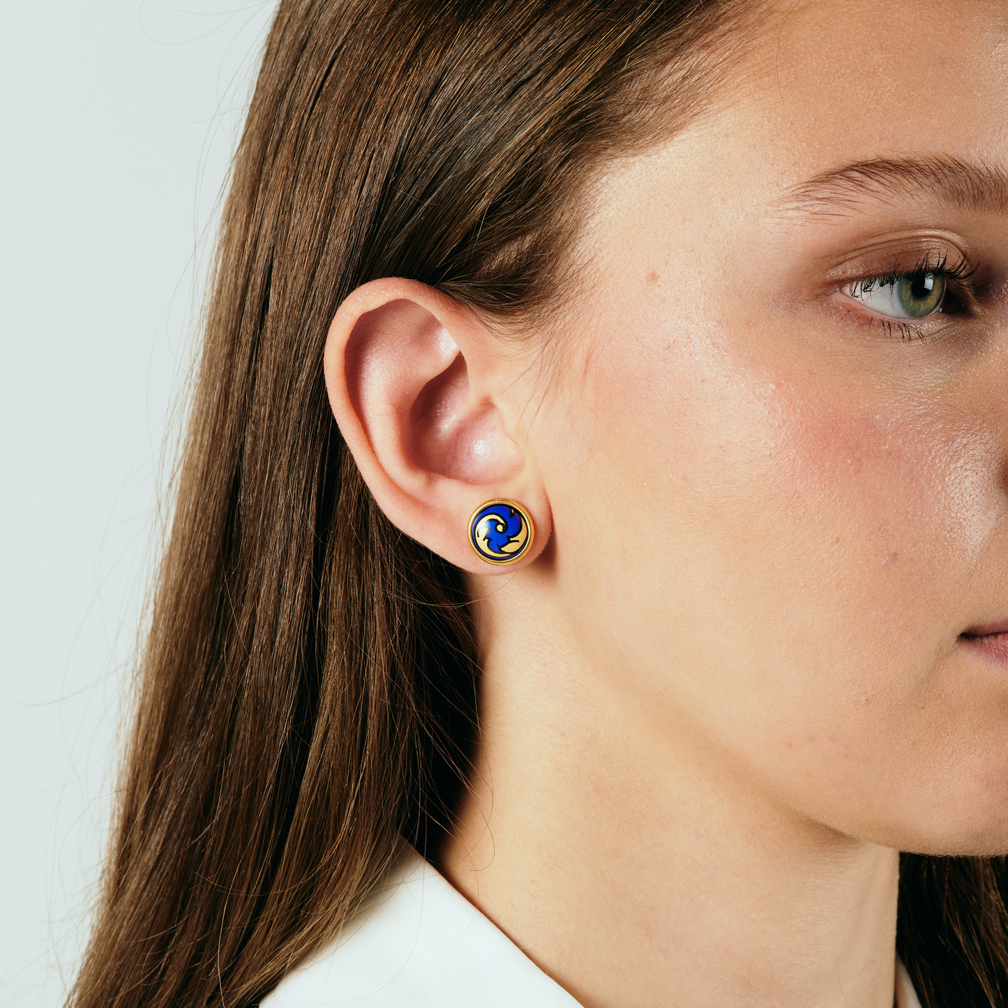noorelle, elle earrings, blue and gold printed earrings,